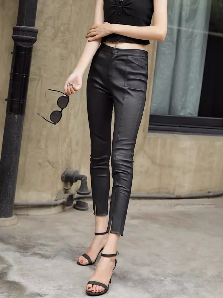 New Women Sheepskin Genuine Leather Pencil Pants Spring Autumn Slim Fit Stretchy Ankle Length Trousers Leather Motorcycle Pants