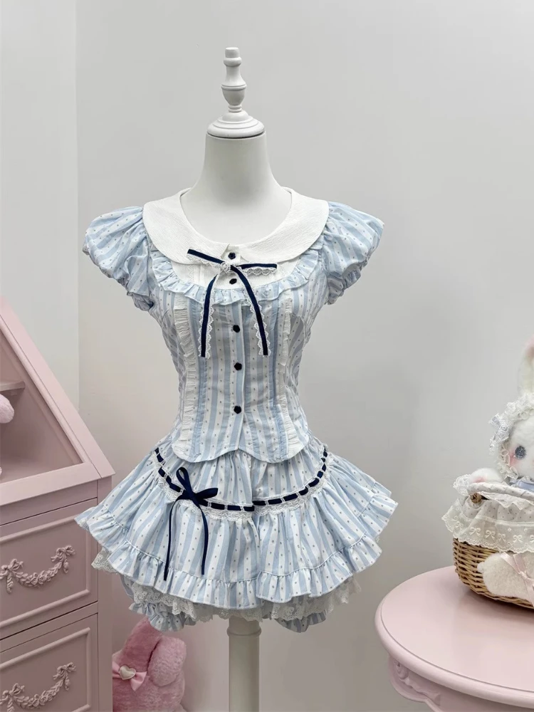 Summer Japanese Kawaii Lolita Elegant 2 Piece Set Women Preppy Style Y2k Design Skirt Suit Female Princess Sweet Chic Outfits