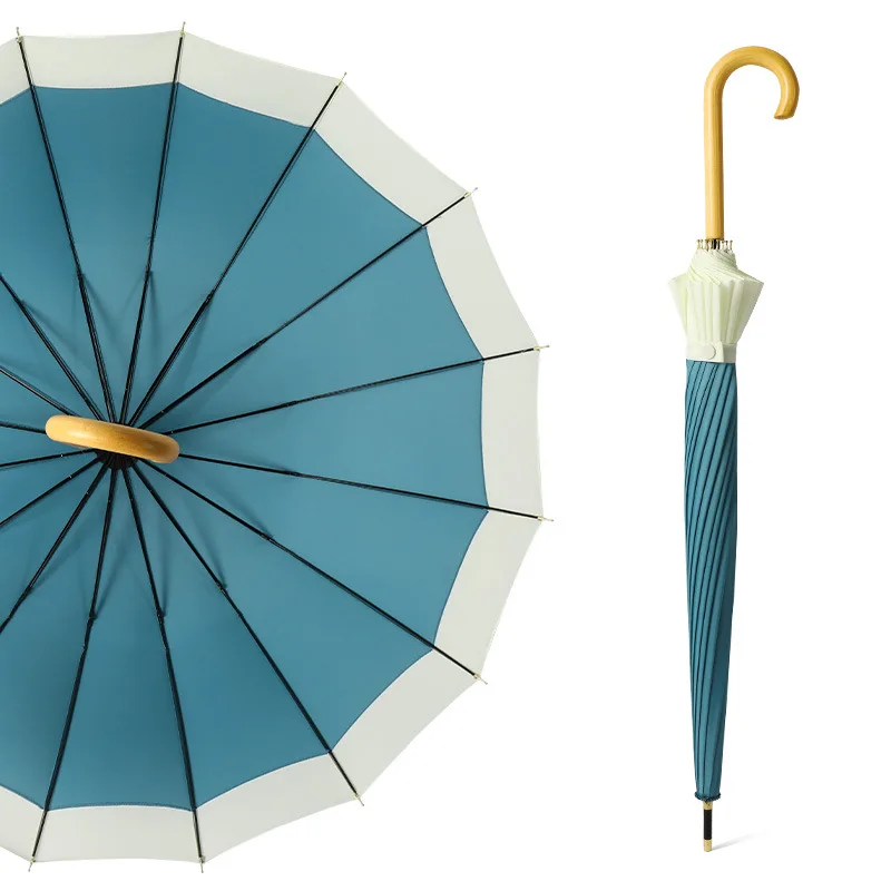 Small Fresh Long Handle Umbrella 16 Bone Large Straight Pole Clear Umbrella Ins Wooden Curved Handle Splicing Umbrella