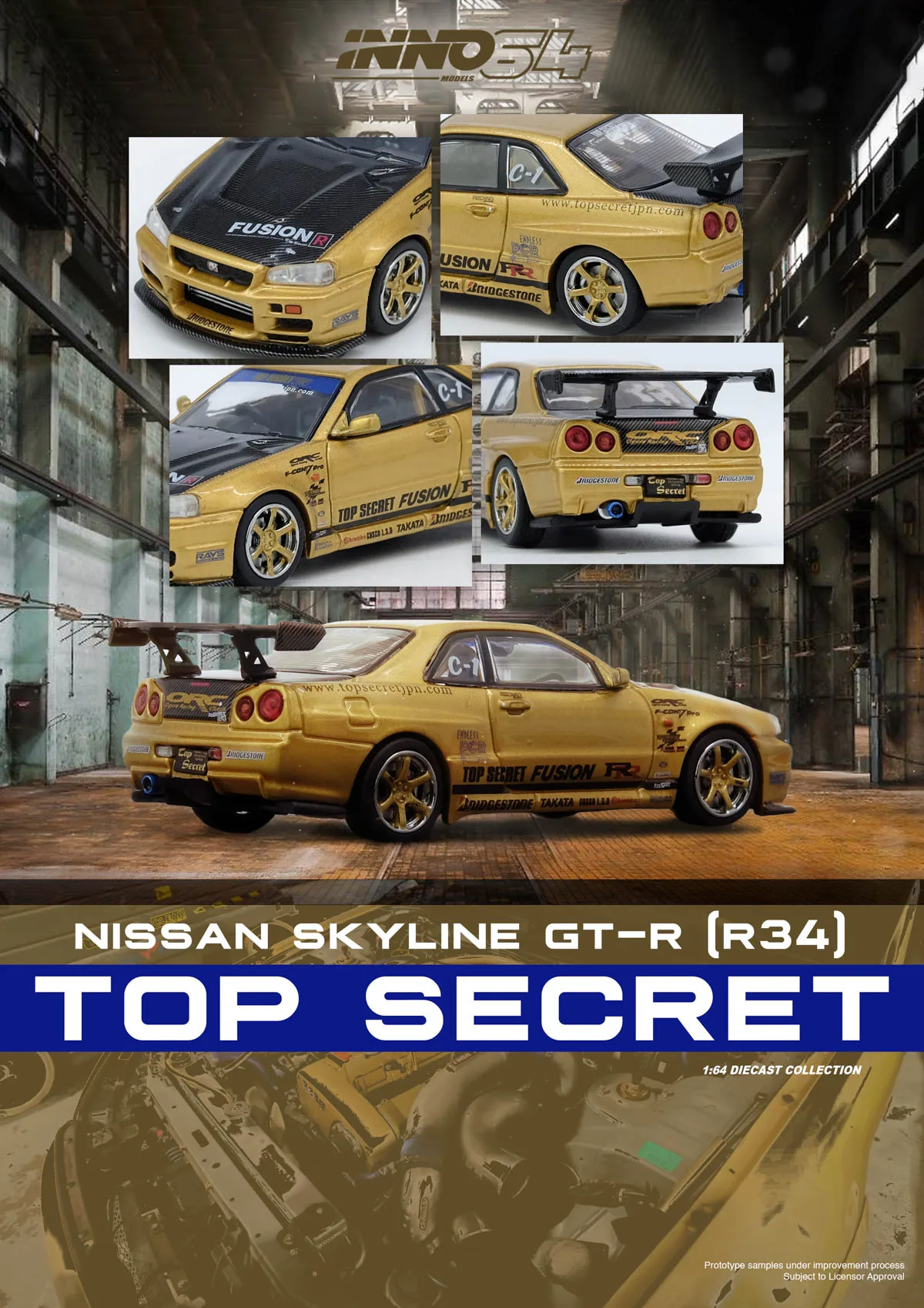 INNO 1/64 NISSAN GT-R R34 TOP SECRET Alloy Toy Motor Vehicle Diecast Metal Model Gifts