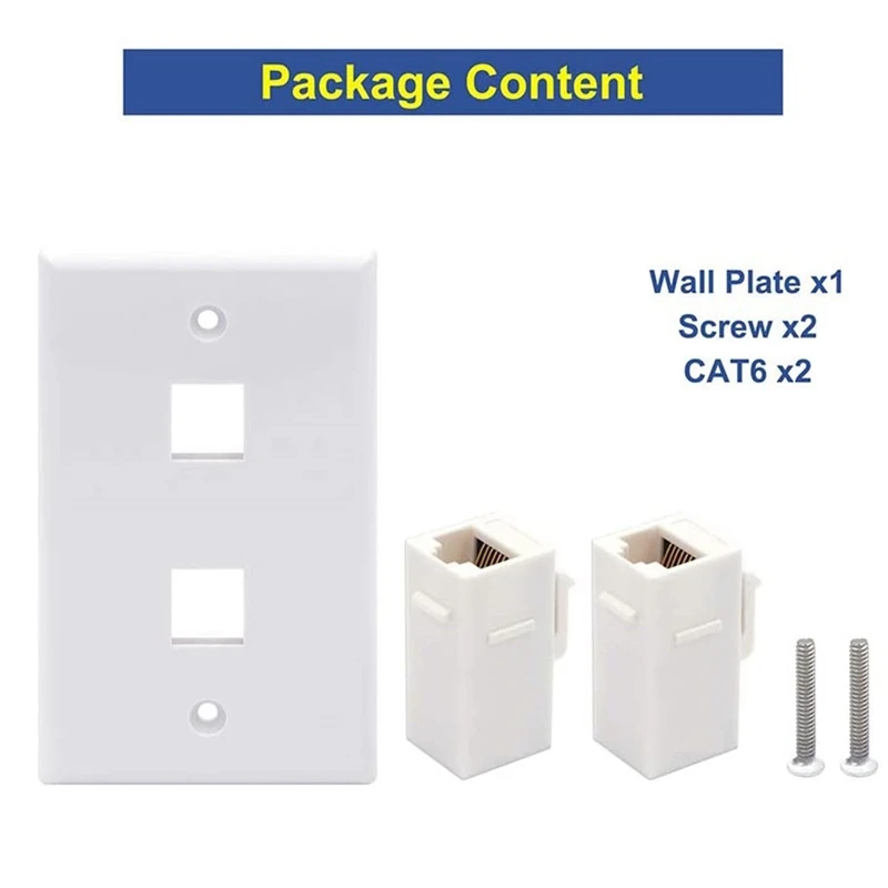 2 Port Ethernet Wall Plate, Cat6 Female To Female Wall Jack RJ45 Keystone Inline Coupler Wall Outlet, White