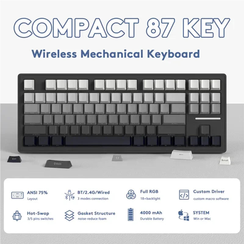 

Attack Shark M87RGB Wireless Mechanical Keyboard,Hot-Swappable,RGB backlight,Bluetooth Tri-Mode Connection,Custom Drive,Win&Mac