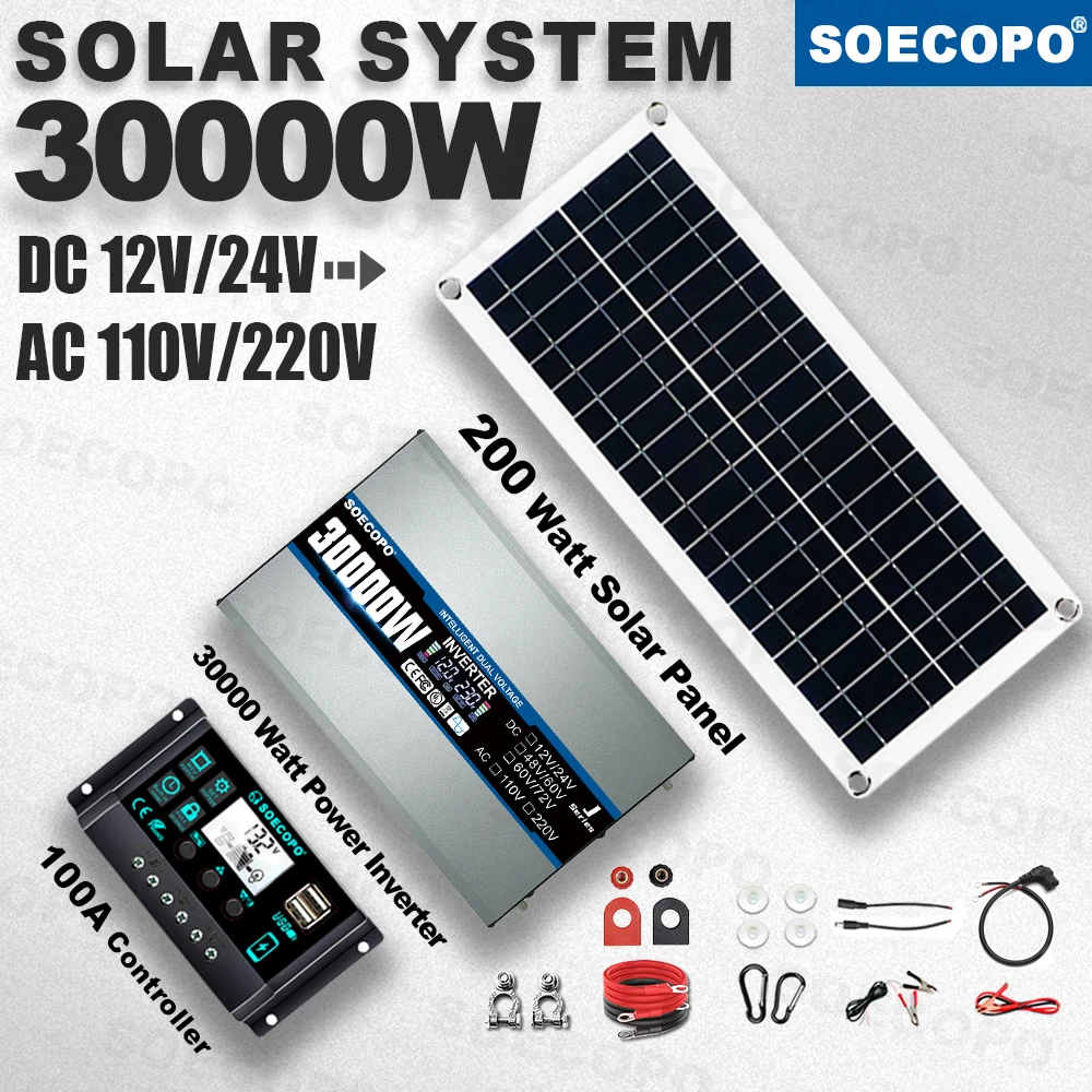 SOECOPO 30000W Peak Solar System Kit 200W Panel 100A Controller 12V/24V To 110V 220V Inverter Generator for Camp Home Off Grid