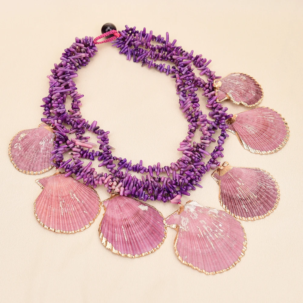 APDGG A97 Handmade 4 Rows Natural Mix Stone Purple Coral Sector Shell Pendant Multi Strands Necklace