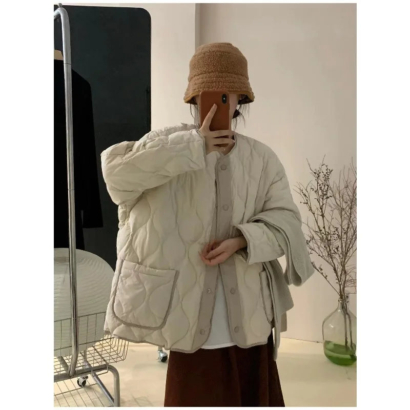 2025 Autumn and Winter Ethnic Style Splicing Round Neck Thick White Duck Down Cotton Jacket