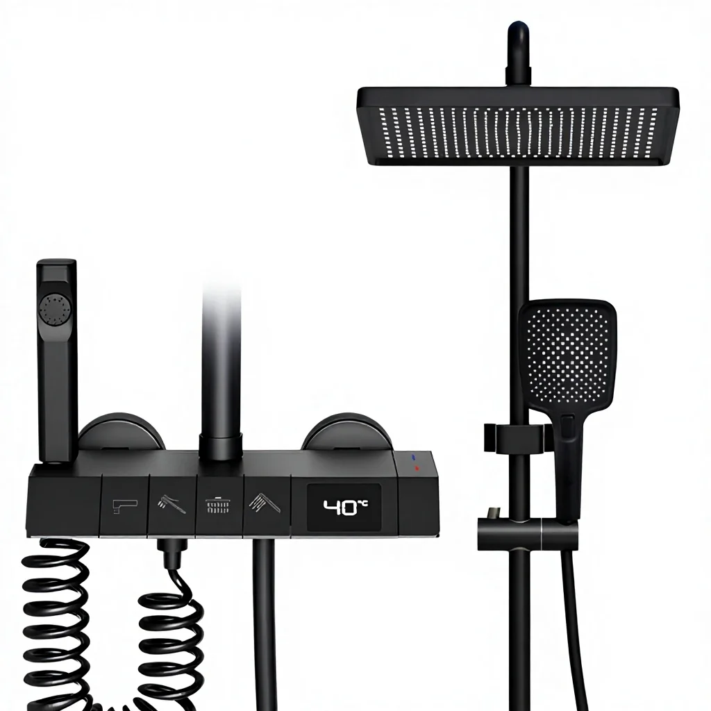 Shower Set,Thermostatic Shower System Dual Handle Rainfall Jet Shower Heads Ceramic Valve Core Brass Construction Anti-scald Pro