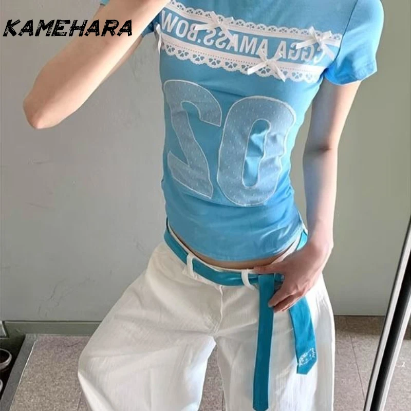 

KAMEHARA Y2k субкультура футболки с короткими рукавами и круглым вырезом летние допаминовые пикантные девушки американские ретро пряные девушки облегающие топы для похудения