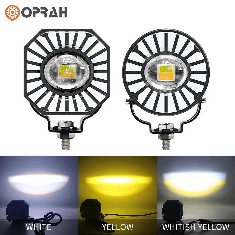 2PCS Universal Motorcycle LED Headlight Projector Lens Dual Color ATV Scooter Driving Lamp Fog Light Auxiliary Spotlight Lamp