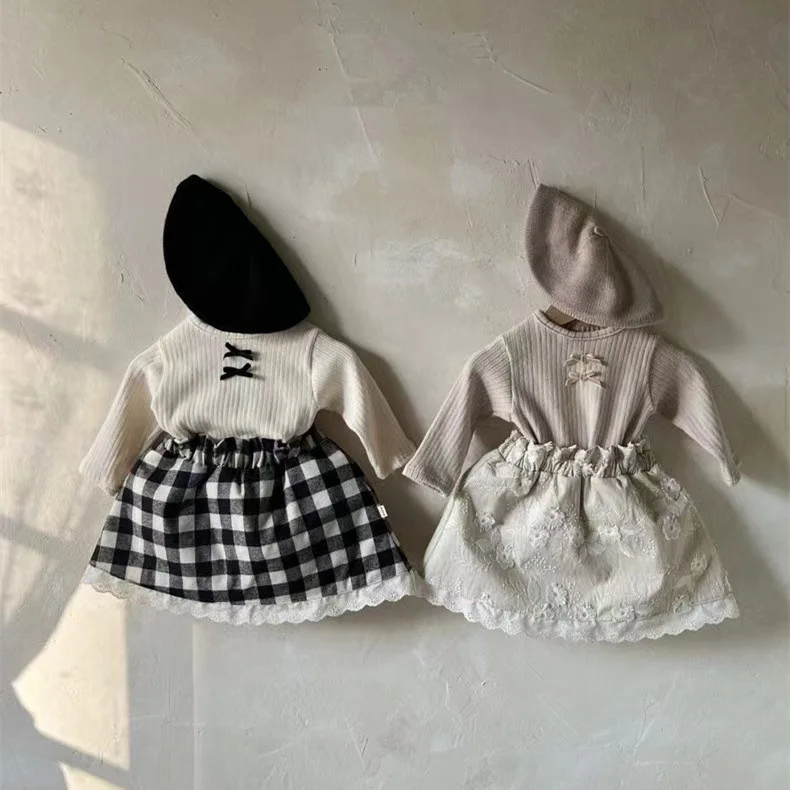 2024 Autumn New Baby Girl Cute Lace Skirts Toddler Casual Plaid Skirts Cotton Infant Girl Flower Embroidery Sweet Princess Skirt