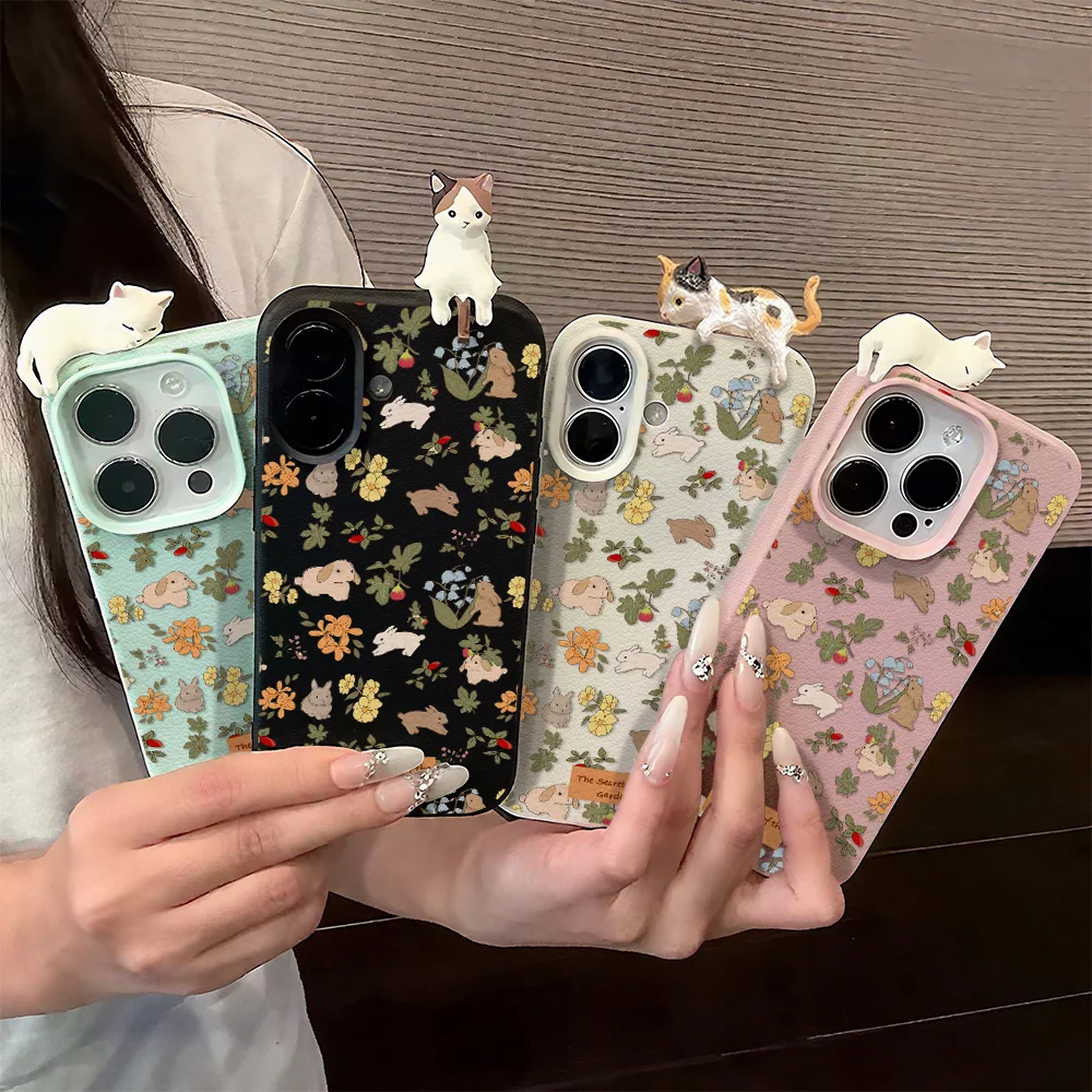 Flower Cute Dog Leather Phone Case For iPhone 17 Pro Max 11 16 15 12 13 14 Plus Air Soft Shockproof 3D Lying Cat Cover Funda