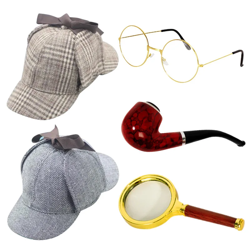 Detective Hat Pipe Prop Detective Magnifier Equipment Glasses Deer Hunting Hat Detective Cosplay Stage Performance Holiday Gifts