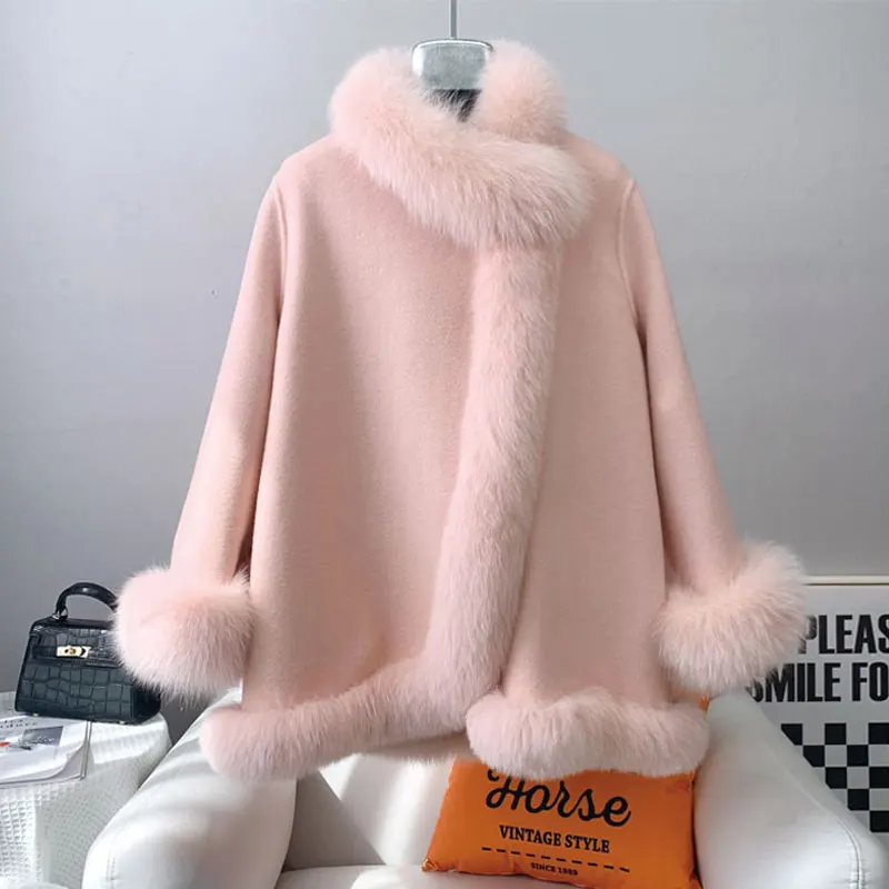 2024 Winter Effen Faux Fox Bont Kraag Poncho Jas Luxe Warme Vrouwen Kasjmier Jasje Schattige Dames Parka 'S Wollen Overjas