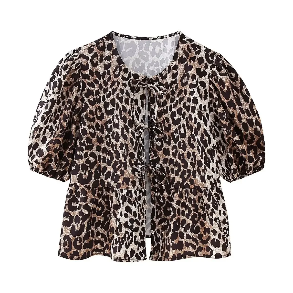 Leopard Shirt Summer Crop Top Puff Sleeve Blouse With Lace-up Closing New Women\'s Clothing