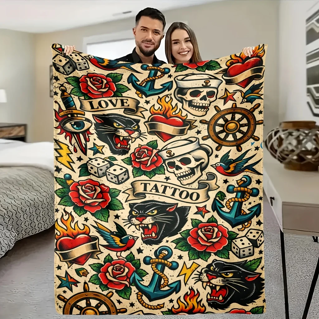 Old School Tattoo Art Flannel Throw Blanket, Retro Skull Rose Anchor Soft Warm Blanket for Sofa Bed Home Decor Gift Ideas Now