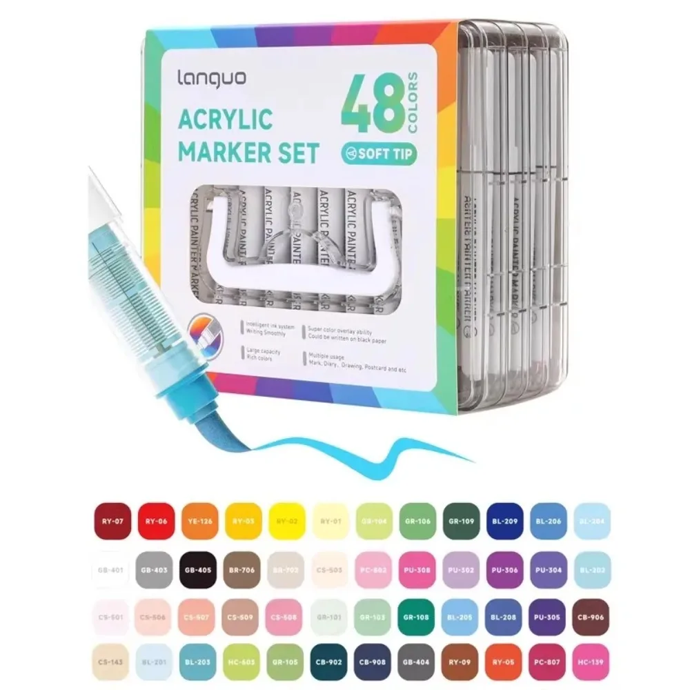 LANGUO Acrylmarkers, set van 24-288 kleuren, vloeibare verf, kunstmarkers voor doe-het-zelf schilderprojecten, inclusief vervangbare penpunten.