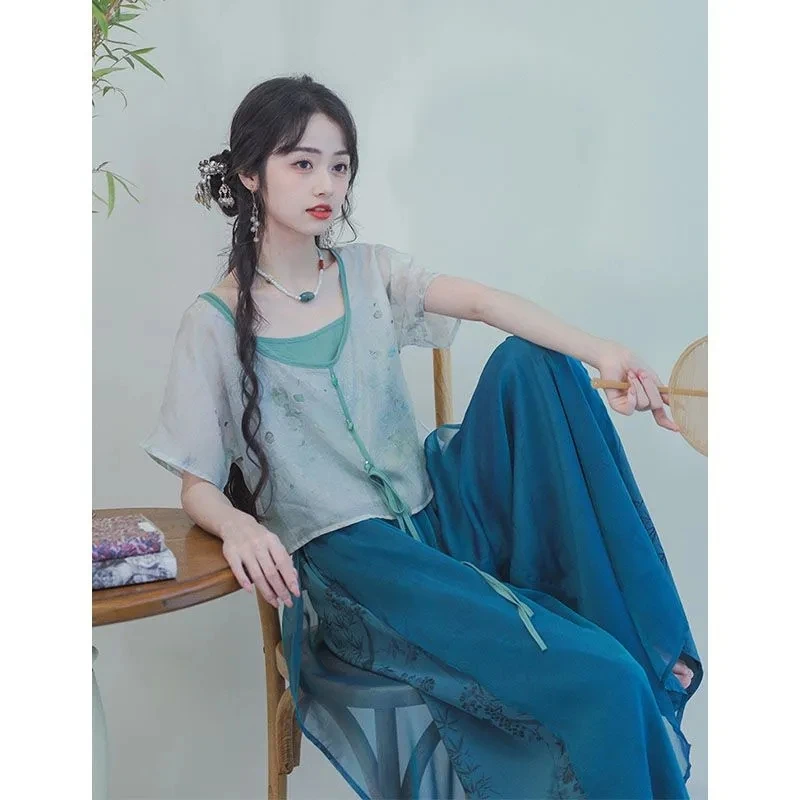 Retro Short Skirt Set Blue Women's Clothing Set Casual Top Skirt Suit Elegant High-end Summer 2024 Traditional Chinese Clothes