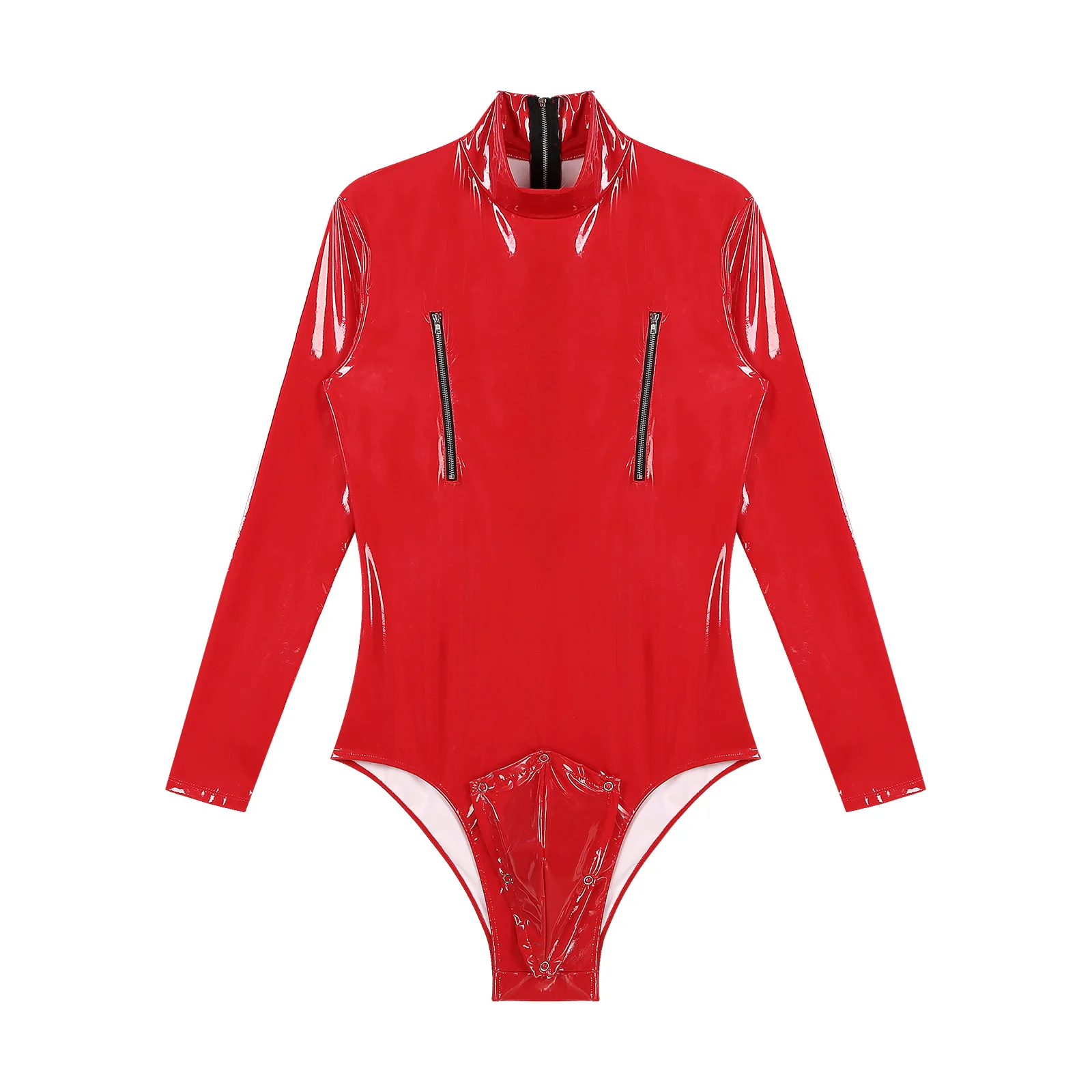 Mens Wet Look Patent Leather Bodysuit Nightclub Pole Dancing Costume Long Sleeve Zipper Openable Bulge Pouch Leotard Clubwear