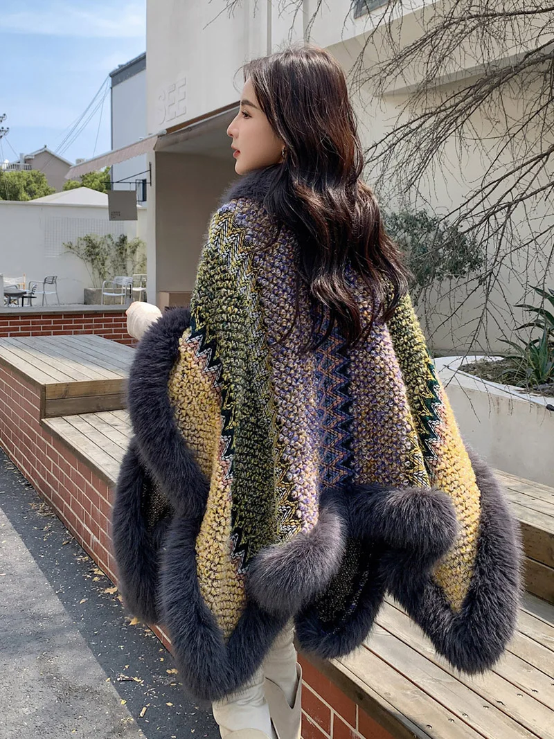 Novelty Vintage Fluffy Hollow Knit Cape Faux Fox Fur Trims Coat Poncho Women Autumn Winter Colorful Cloak Party Travel Shawl