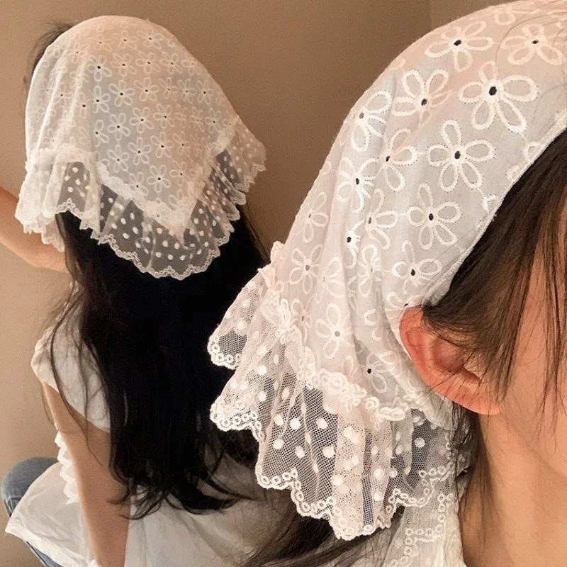 Kerudung Segitiga Retro dengan Bordir Bunga, Syal Leher Retro Y2K, Syal Rambut Rajut, Bandana untuk Wanita dan Gadis, Kerudung Renda