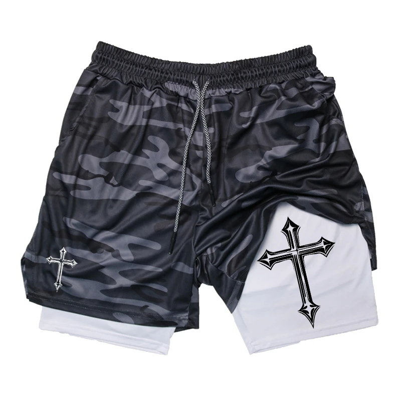 Cross Print 2 in 1 Workout Running Shorts for Men Christian Gym Athletic Shorts with Compression Liner Phone Pocket Towel Loop