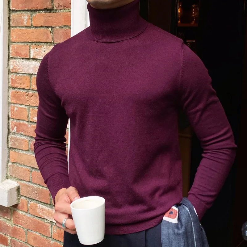 2022 Burgundy British Turtleneck Woolen Sweater Men's High Quality Knitted Long Sleeve Herren Pullover Winter Knitted Sweater