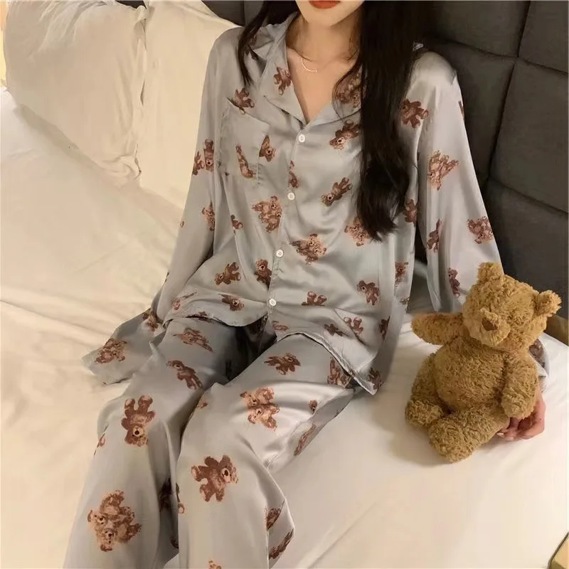 Women\'s Home Fury Long Sleeved Grey Bear Cute Cartoon Spring/Summer New Pajamas Women\'s Long Sleeved Set