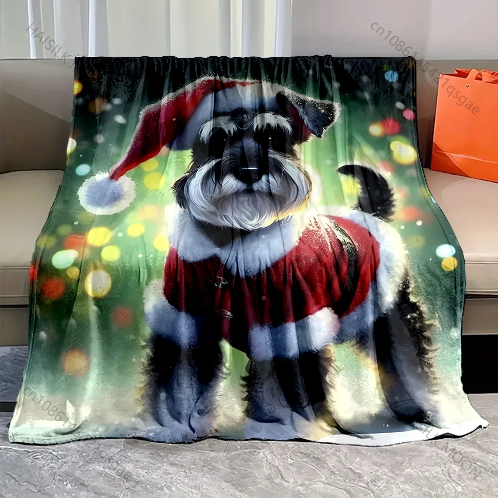 Schnauzer wearing Santa hat pattern Blanket Flannel Material Soft Warm for All Seasons,For Home Outdoor Camping Picnics RV