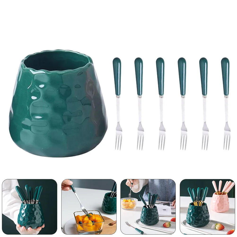

1Set Fruit Forks Ceramic Stylish Long Handle Storage Jar Perfect for Fruit Dessert Snack Cake Forks Spoon Storage Jar