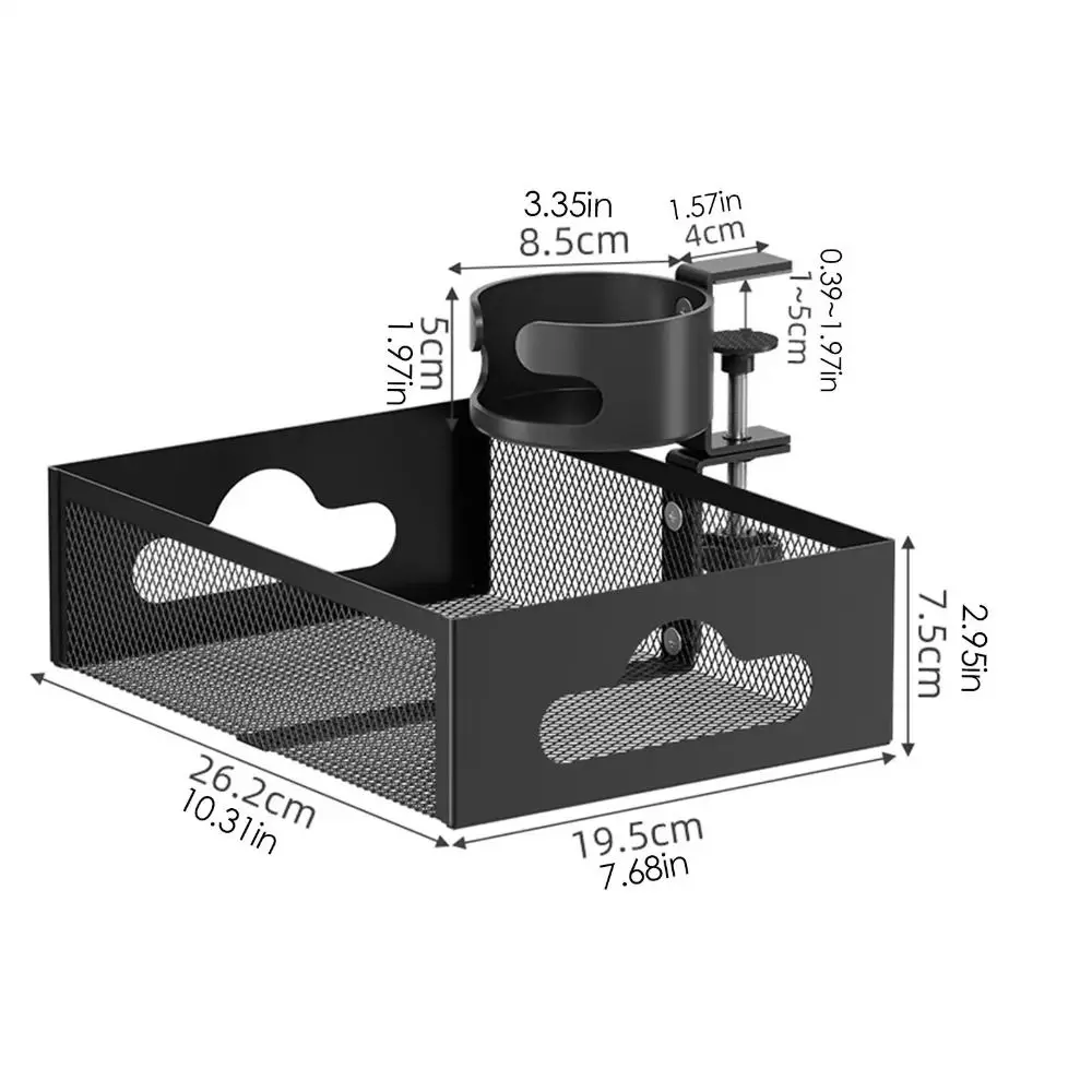 360 Degree Rotating Under Desk Storage Rack No Drill High Load Capacity Desktop Stationery Shelf with Cup Holder Carbon Steel