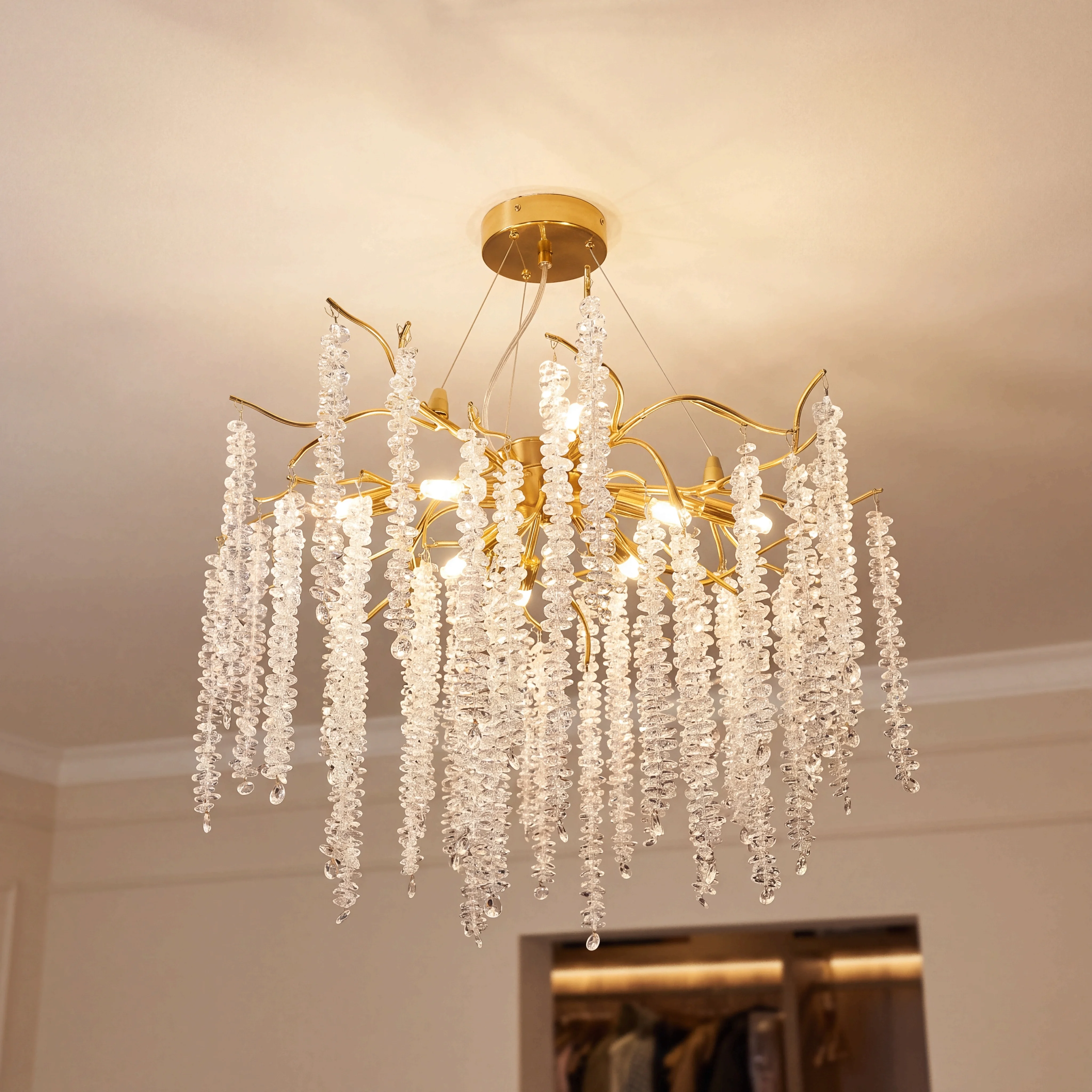 Luxury Modern Gold Crystal Chandelier, Tree Branch Adjustable Raindrop K9 Crystal Ceiling Pendant Light, Dimmable Hanging Lamp Fixture for Kitchen Island Dining Room Living Room Bedroom Hallway Foyer Entryway Home Decor