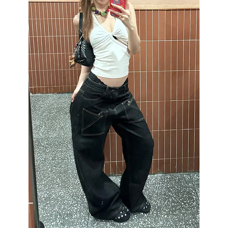 Y2k Women Black Gothic Baggy Jeans Harajuku Vintage Denim Trouser Aesthetic 2000s Style Oversize Boyfriend Jeans Pants Autumn