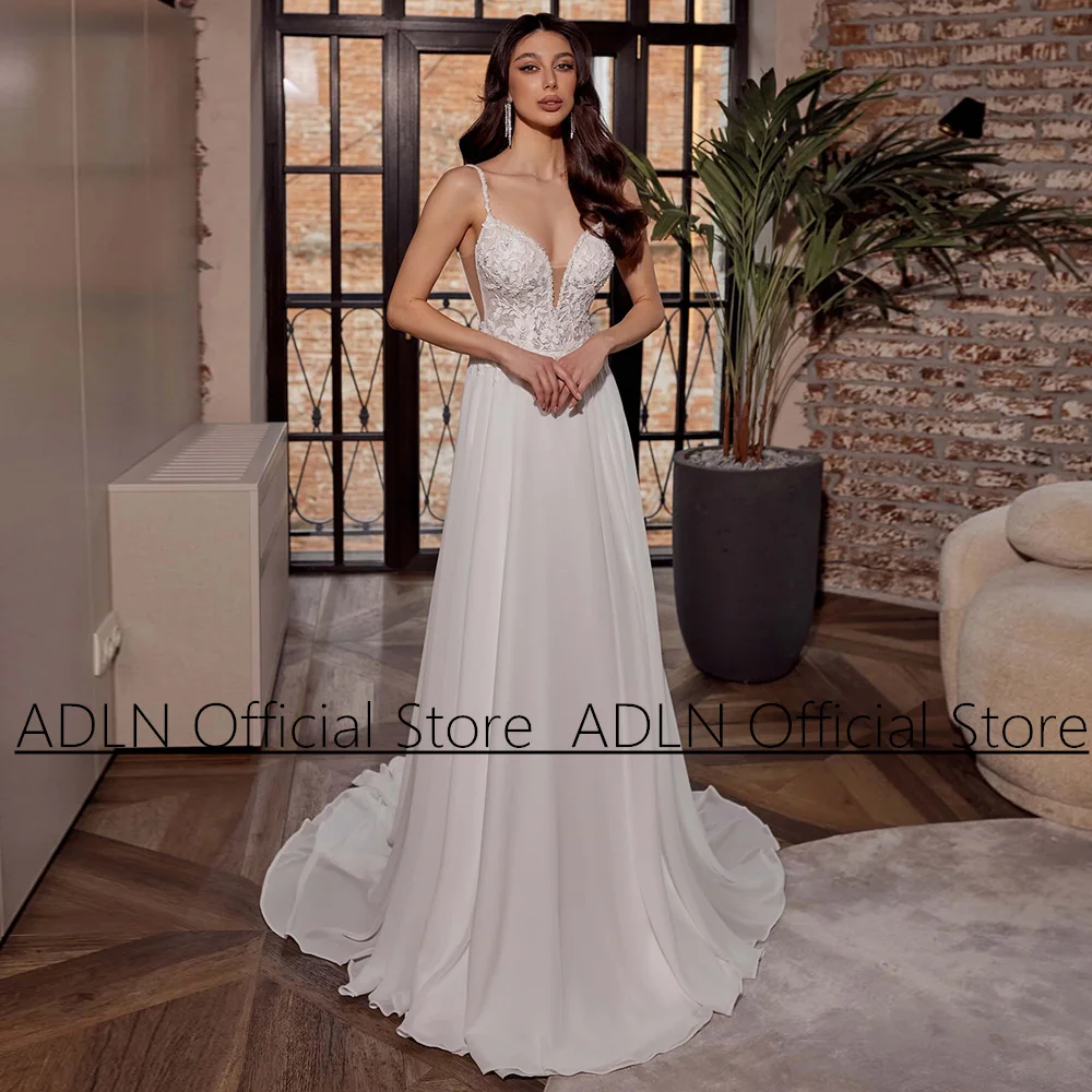 Sexy Boho Wedding Dress Bride Dresses for Woman Spaghetti Straps Deep V Neck Applique Chiffon A Line Bridal Gown Backless