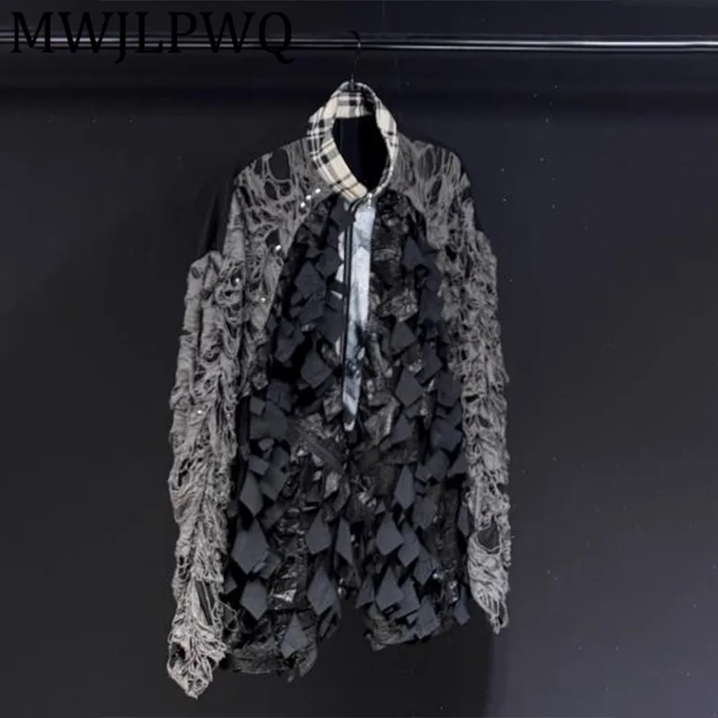 

MWJLPWQ Spliced Hole Niched Design 2025 New Shirt Men High Street Stand Collar High Street Long Sleeve Ripped Casual Tops 12256