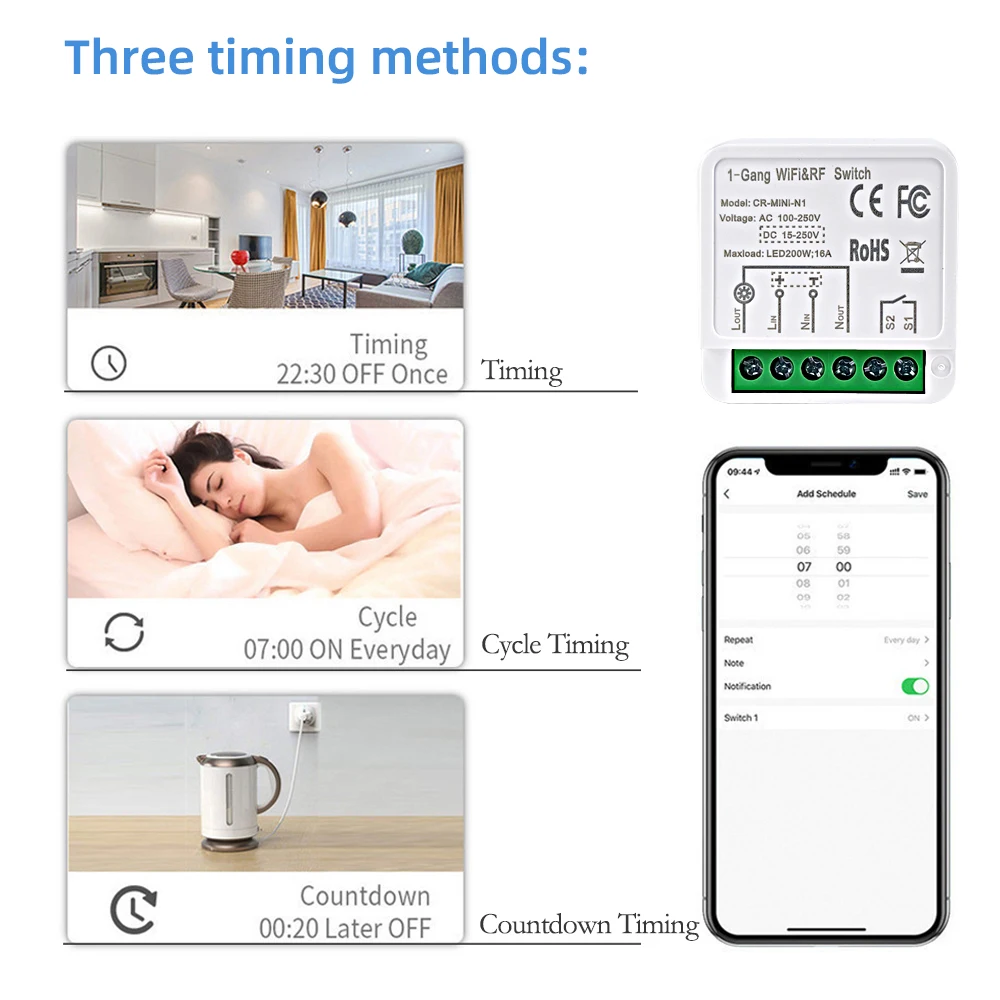 Mini Smart Switch WiFi&RF433 Remote Control 16A AC100-240V Tuya App Support Google Home Alexa Voice Control