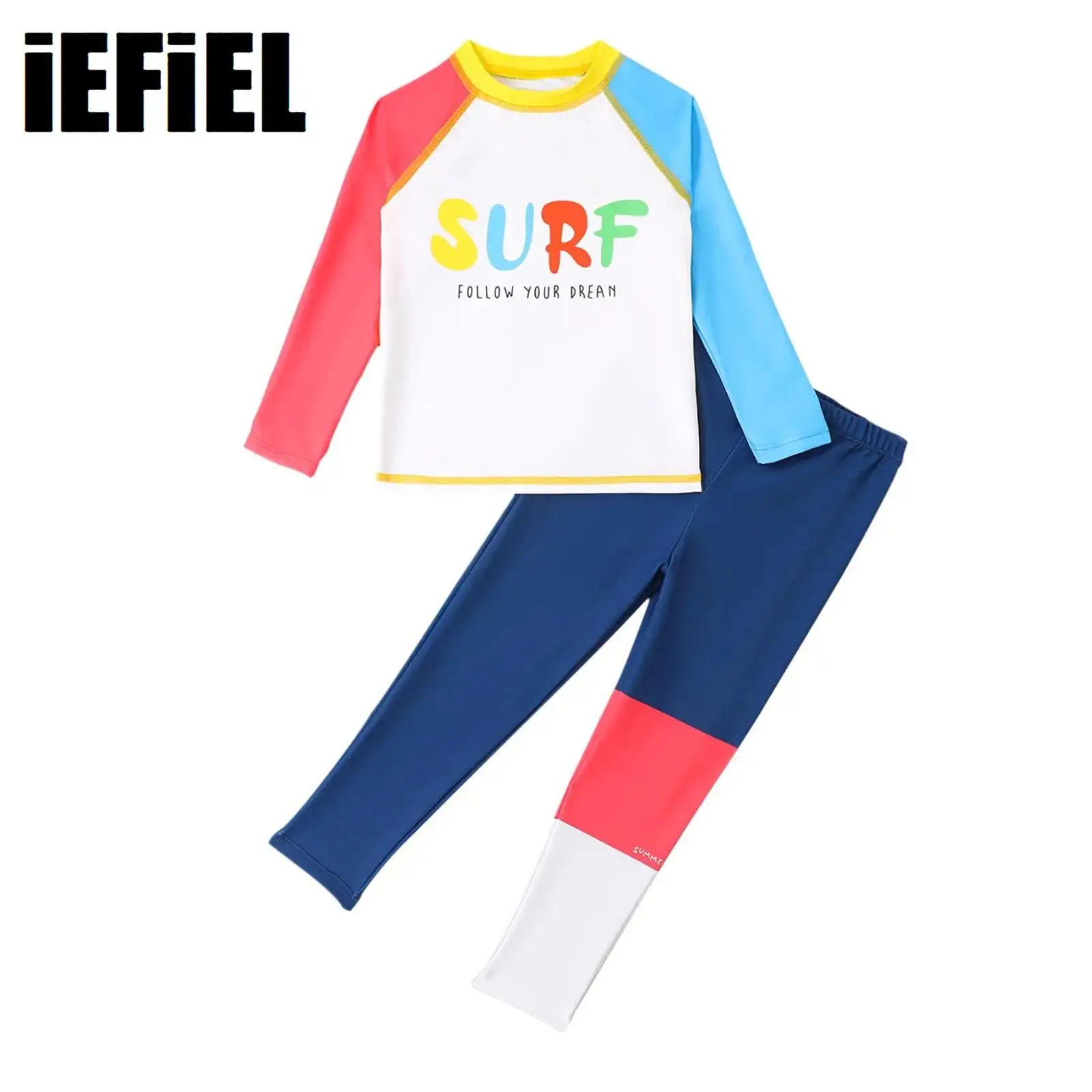 

Color Block Swim Set for Boy 2 Piece Swimsuit Long Sleeve Swim Top with Swim Pants Set Beach Swimwear UPF 50+ Rash Guard Set