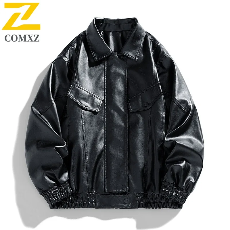 

COMXZ Men Leather Jacket Casual Stand Collar Outdoor Adventure Windproof Leather Coat Daily Lightweight Autumn New Clothing