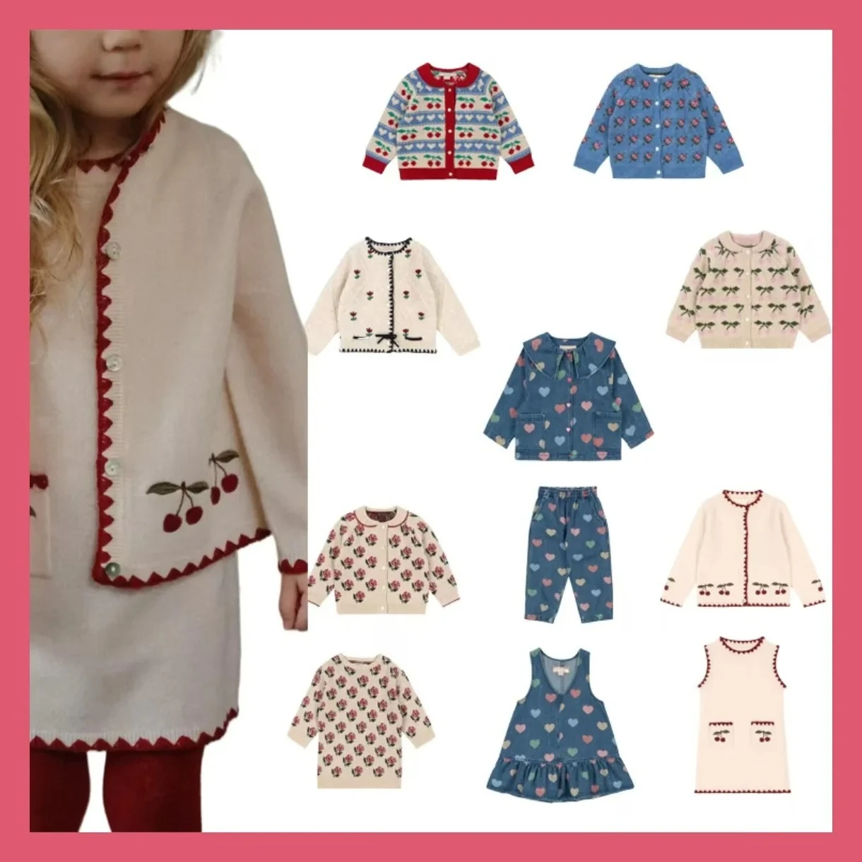 

2025 KS New Winter Baby Girls Cherry Knitted Dress Cardigan Sweaters Kids Clothes Girls Knitwear Denim Dress Coats Jeans Suits