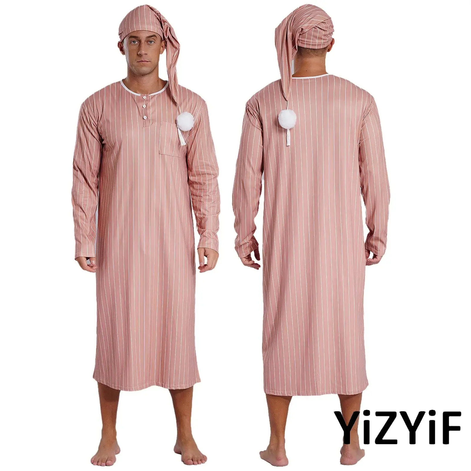 

Men's Striped Sleep Robe And Hat Long Sleeve Crew Neck Loose Pajamas Gown Dress Loungewear Homewear Christmas Sissy Nightwear