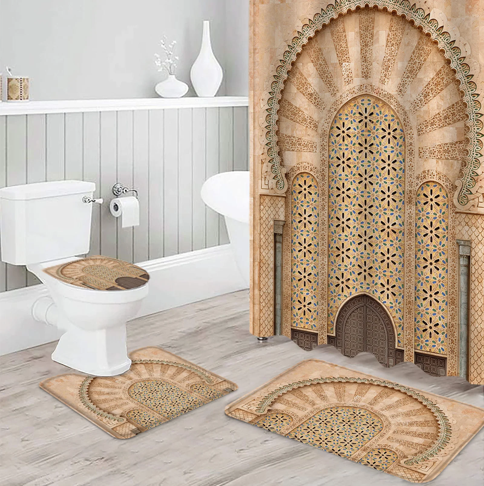 Yellow Wall Gate Morocco Shower Curtain Sets Non-Slip Rugs Toilet Lid Cover and Bath Mat Bathroom Curtains Set