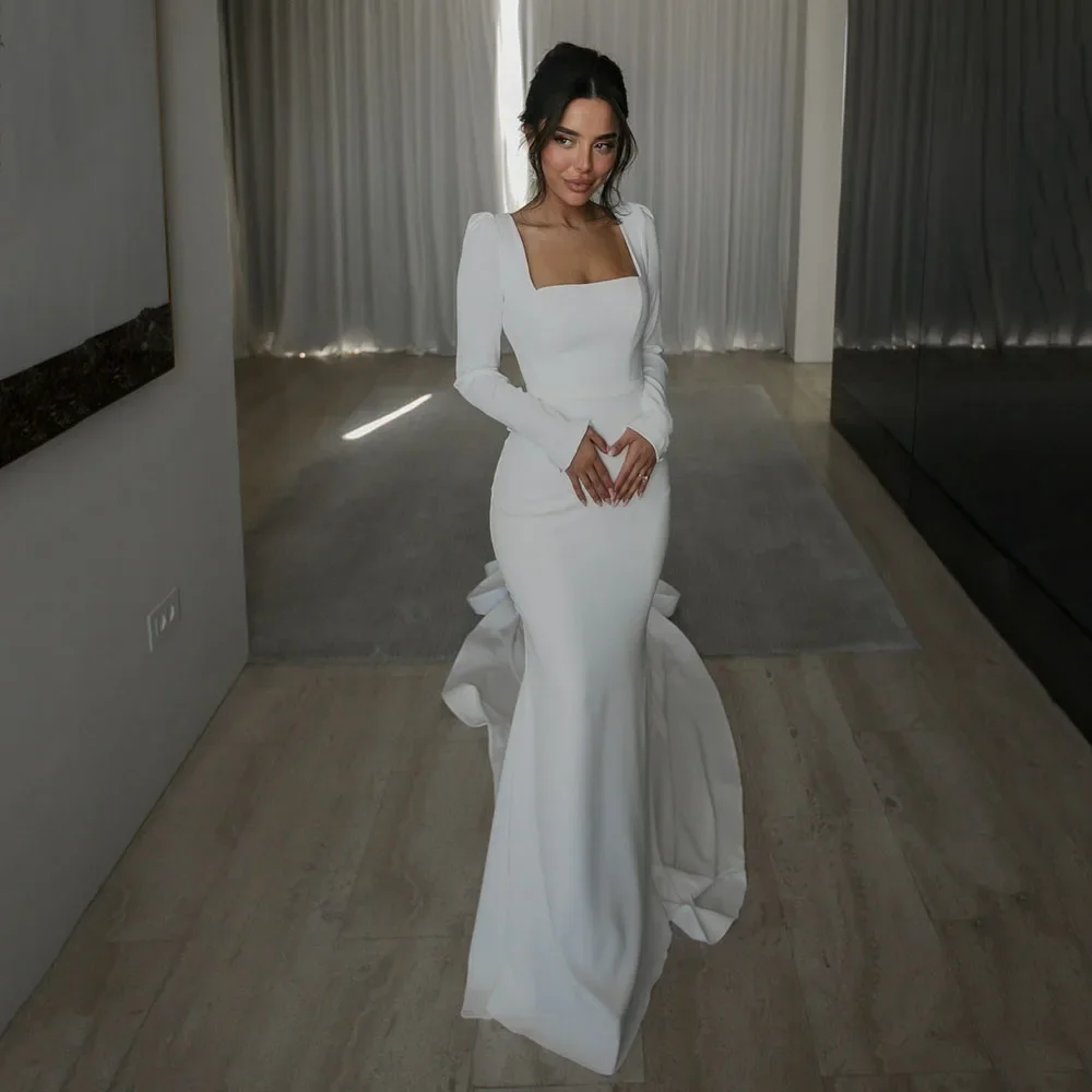 

Elegant Wedding Dresses 2026 Mermaid Long Sleeve Bridal Gown Square Neck Button Train Classic Bride Dress Vestidos De Noiva