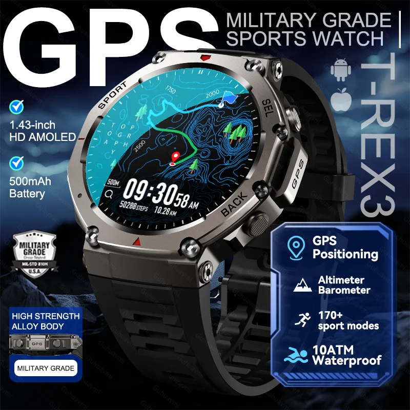 

T-Rex 3 Built in GPS Smart Watch Men Outdoor 10ATM Waterproof Compass Altimeter Watches Adults Bluetooth Call Sports Smartwatch