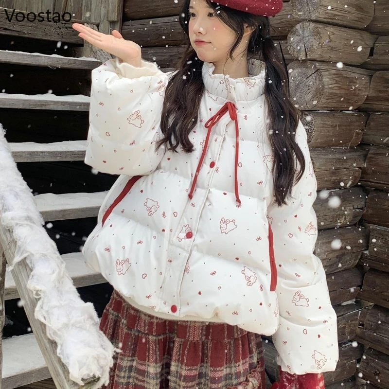 

Зимние женские парки в стиле кавайной Лолиты, милая стеганая куртка с принтом кролика в Корейском стиле для девочек, повседневное теплое свободное пальто с бантом