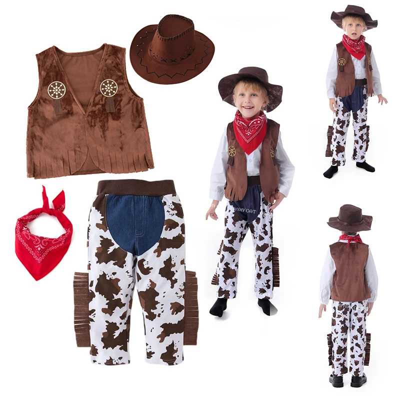Cowboy-Cosplay-Outfit für Jungen, Fransenweste, Hosen mit Kuhmuster, Hut, Bandana, Western-Bühnenkostüm für Kinder