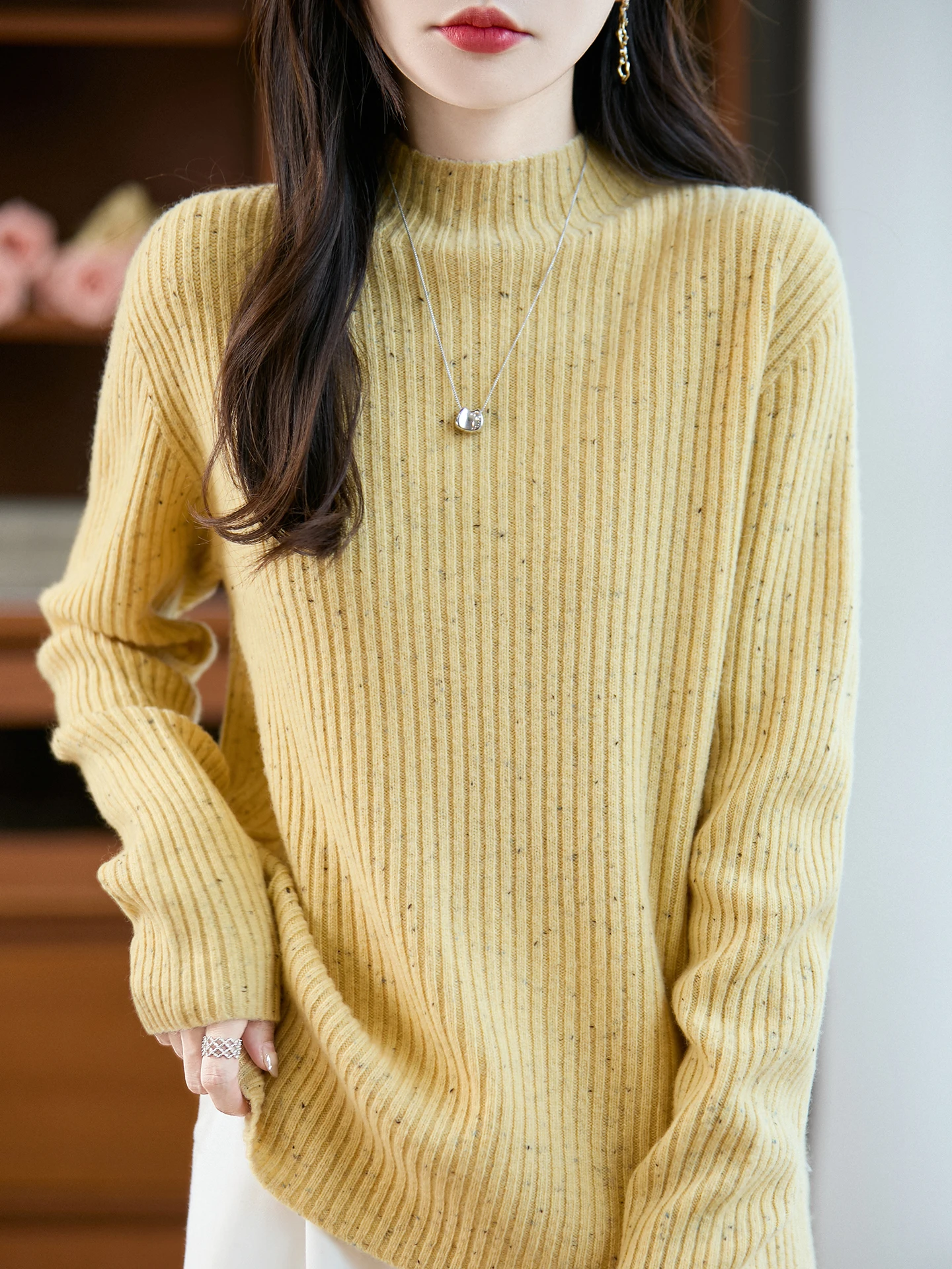 

Осень-зима, женский утолщенный пуловер с круглым вырезом, крапчатая пряжа с тонкой вертикальной ребристой трикотажной текстурой, 100% мериносовая шерсть