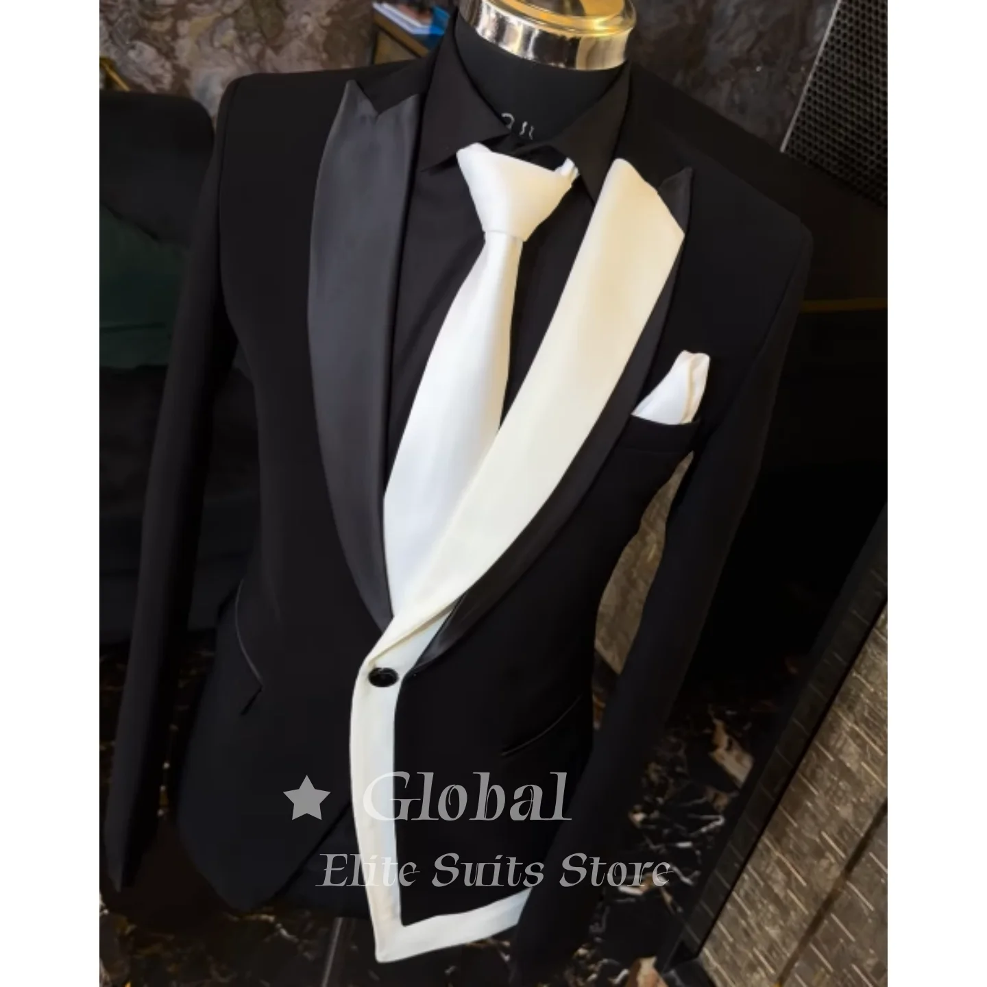 Black Tuxedo Jacket Asymmetric White Shawl Lapel Blazer Slim Fit Formal Wedding Party Prom Party Coat Daily Wear Customized