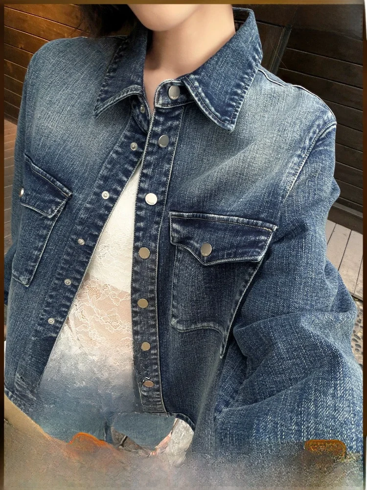 

Washed Denim Jacket Blue Tone Button up Collar Women's Casual Straight Leg Jeans Jacket Long Sleeve Cotton Blend