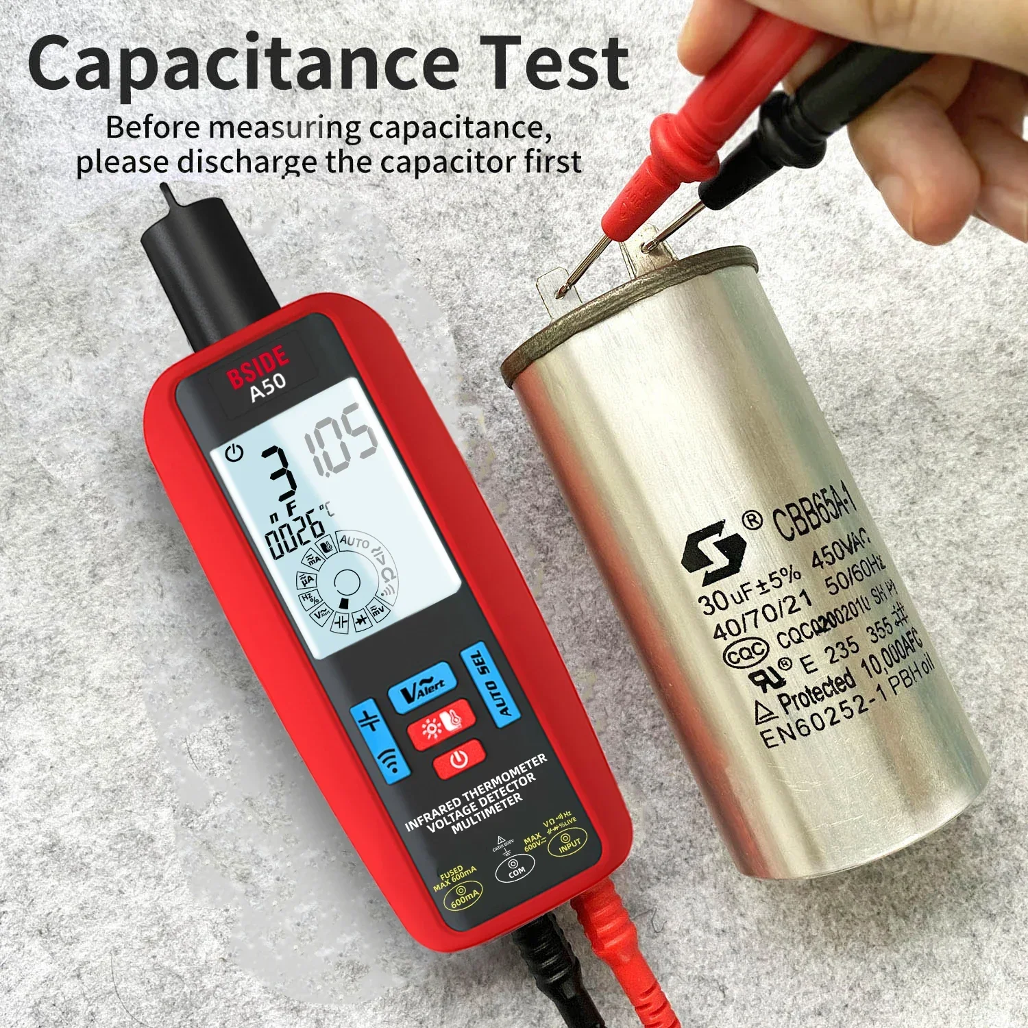 BSIDE A50 Multimeter with Infrared Thermometer Rechargeable True RMS Auto Range for Capacitance Diode Ohm DC AC Voltage Testing