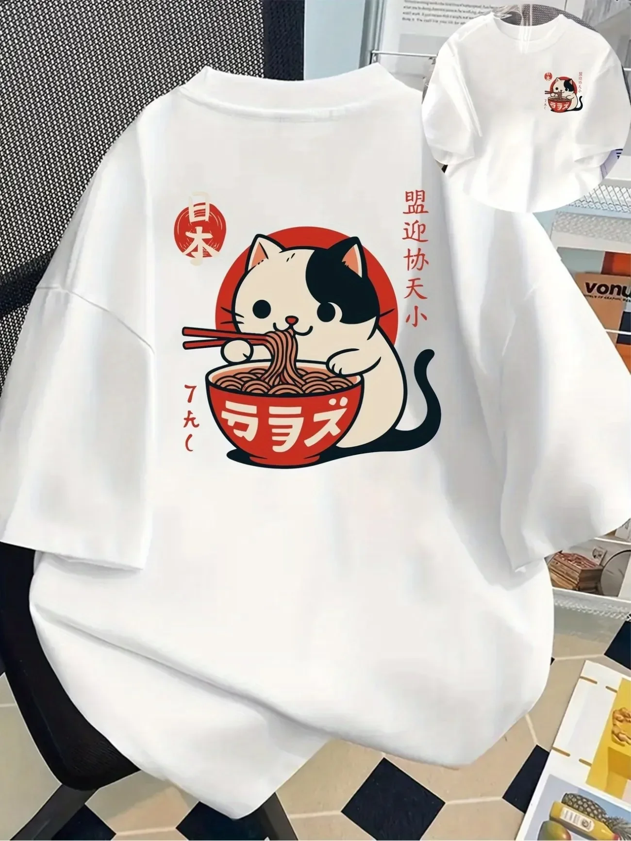 Harajuku Japanese Styler Cat Eat Ramen Cotton T Shirt Women's Kawaii Cat T-Shirt Crew Neck Short Sleeve Top Tee Summer