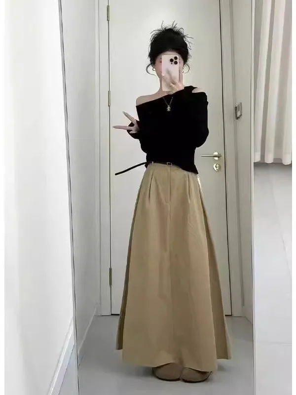 

plus Size Fashion Set High Waist Cover Belly Shoulder Bared Half Skirt Elegant Personality Warmth Function Polyester Filling