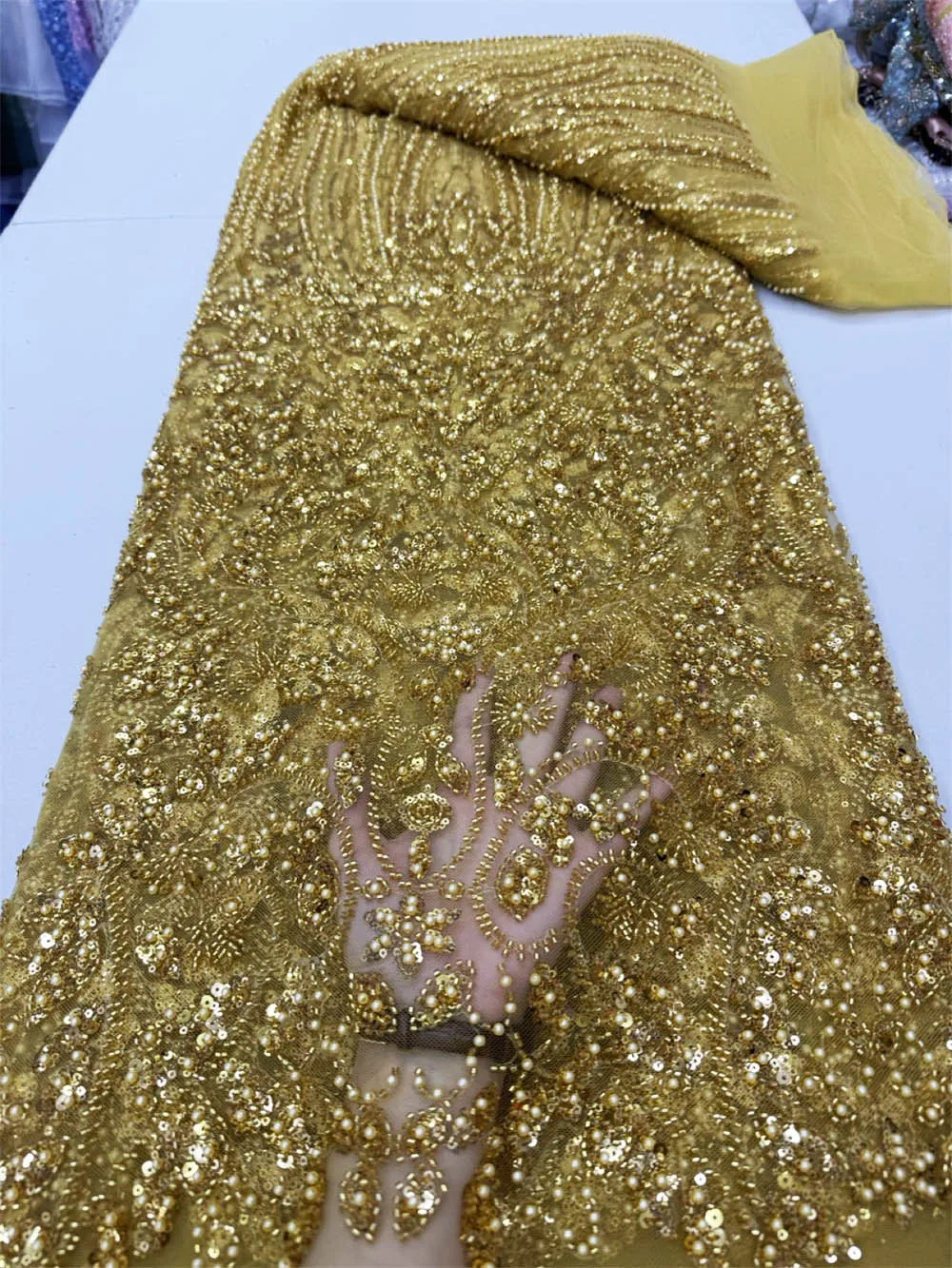 

Top Grade Handcut Lace Metallic Lurex Gold Color Beaded &Sequins Lace Fabric Very Heavy Nigerian Sewing Dress Wear COR46268